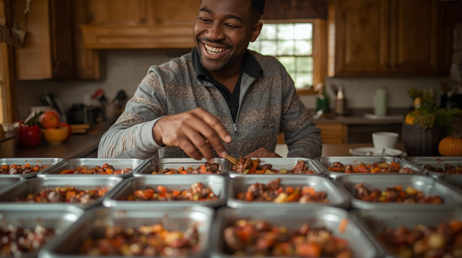 A man batching cooking with several food containers
